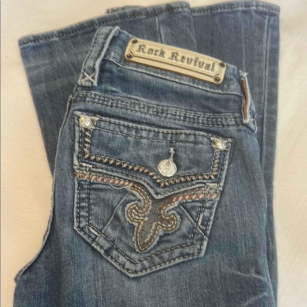 Rock Revival Blue Boot Cut Jeans with Decorative Stitching